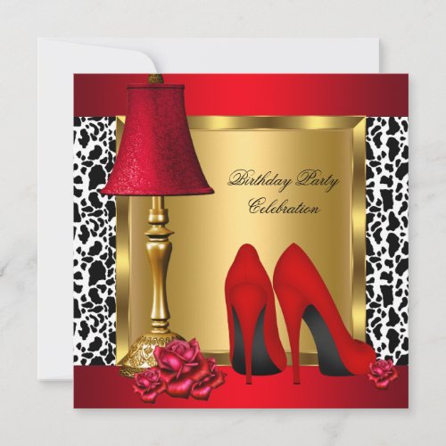 Red Gold High Heels Roses Cow Birthday Party Invitation