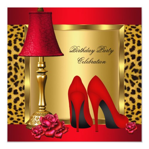 Red Gold High Heels Roses Leopard Birthday Party 2 Card | Zazzle