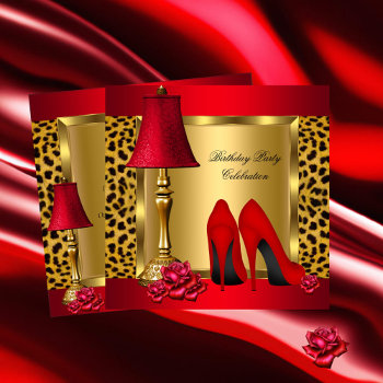 Red Gold High Heels Roses Leopard Birthday Party 2 Invitation by Zizzago at Zazzle