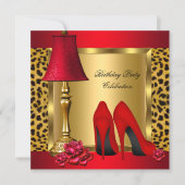 Red Gold High Heels Roses Leopard Birthday Party 2 Invitation (Front)