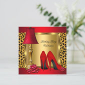 Red Gold High Heels Roses Leopard Birthday Party 2 Invitation (Standing Front)