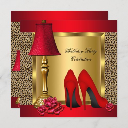 Red Gold High Heels Roses Wild Birthday Party Invitation