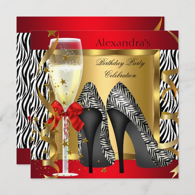 Red Gold High Heels Zebra Champagne Birthday Party Invitation (Front/Back)