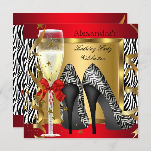 Red Gold High Heels Zebra Champagne Birthday Party Invitation