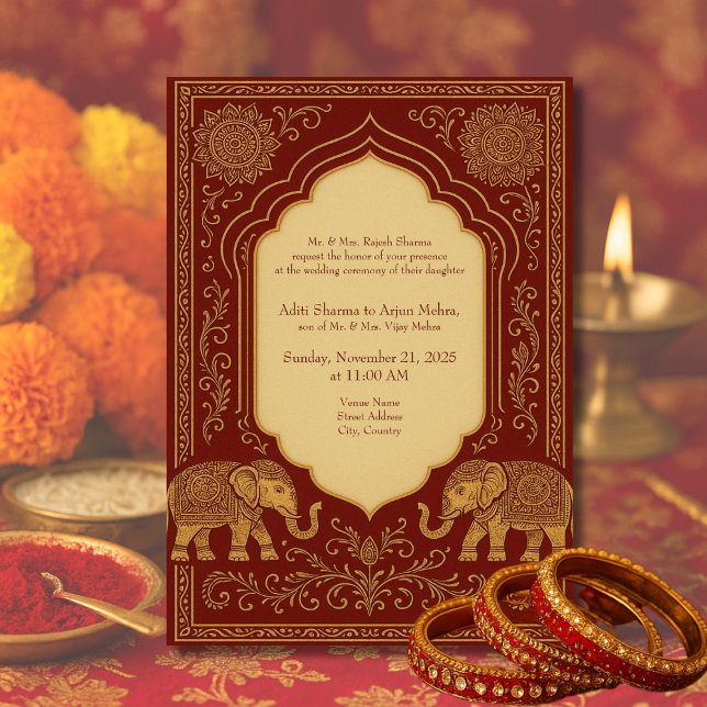 red gold hindu elephant ornate mandala wedding invitation (Creator Uploaded)