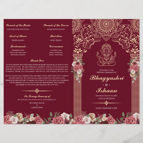 Red  Gold Hindu Wedding Ceremony Folded Program 