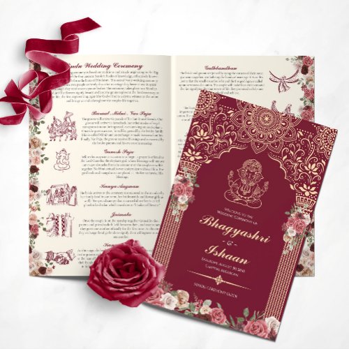 Red  Gold Hindu Wedding Ceremony Folded Program 