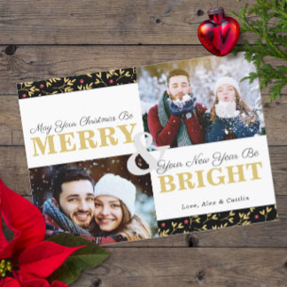 Red & Gold Holiday Greenery Pattern 2-Photo Card