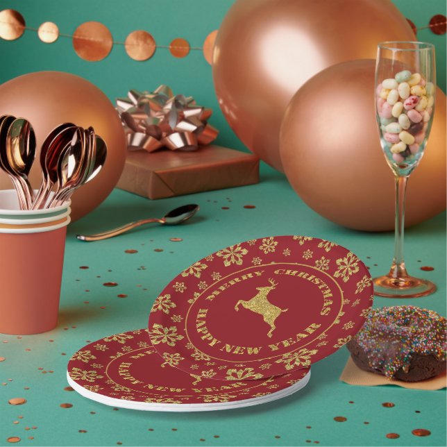 Red Gold Holiday Snowflake Reindeer Paper Plates (Multi)