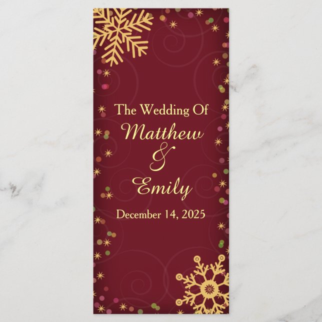 Red Gold Holiday Snowflakes Wedding Program (Front)