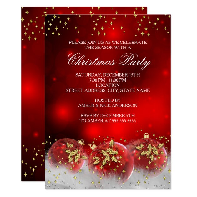 Red Gold Holly Baubles Christmas Holiday Party Invitation