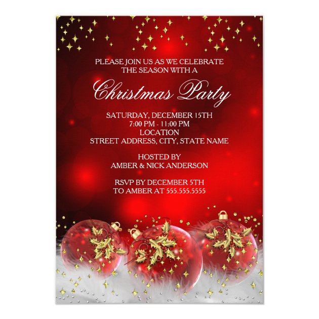 Red Gold Holly Baubles Christmas Holiday Party Invitation