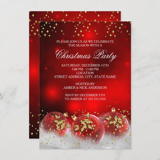Red Gold Holly Baubles Christmas Holiday Party Invitation (Front/Back)