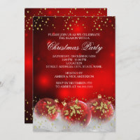 Red Gold Holly Baubles Christmas Holiday Party Invitation