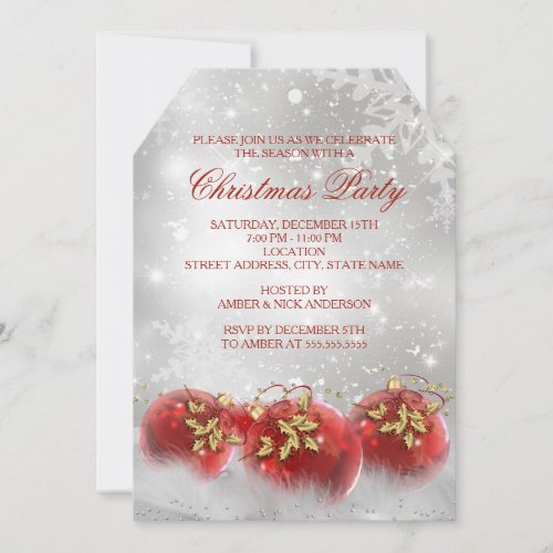 Red  Gold Holly Baubles Christmas Party Invite