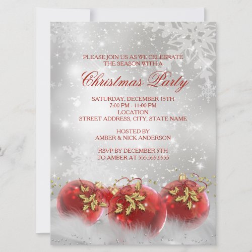 Red  Gold Holly Baubles Christmas Party Invite