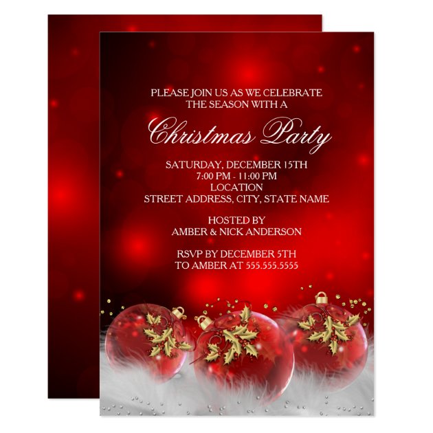 Red Gold Holly Baubles Christmas Party Invite