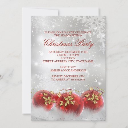 Red & Gold Holly Baubles Christmas Party Invite
