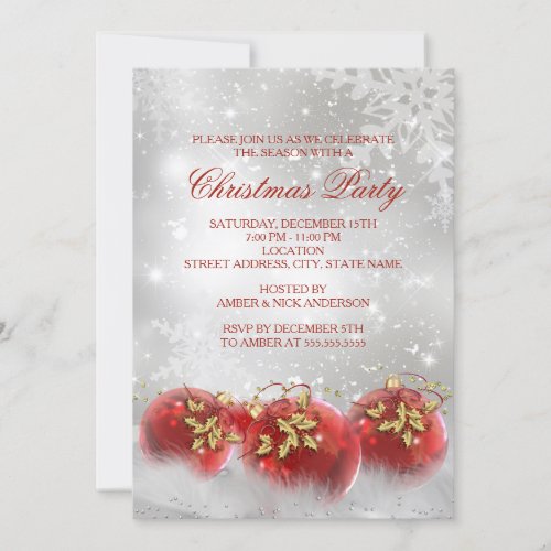 Red  Gold Holly Baubles Christmas Party Invite