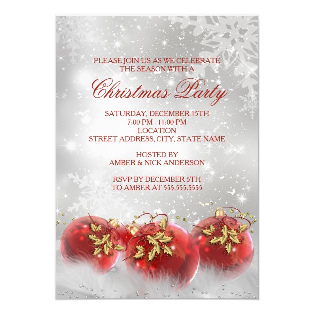 Red & Gold Holly Baubles Christmas Party Invite
