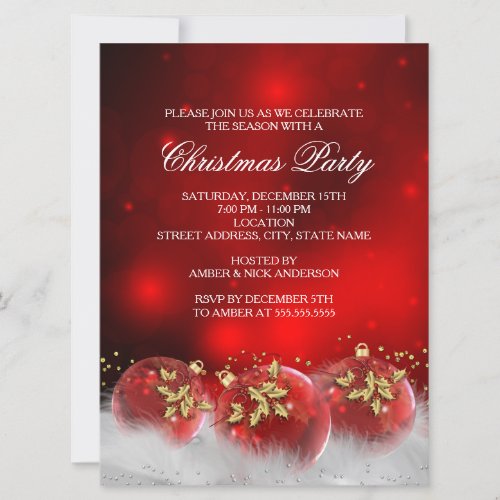 Red  Gold Holly Baubles Christmas Party Invite