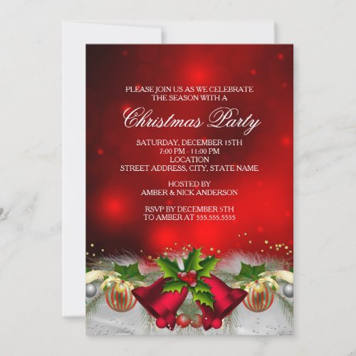 Red  Gold Holly Baubles Christmas Party Invite