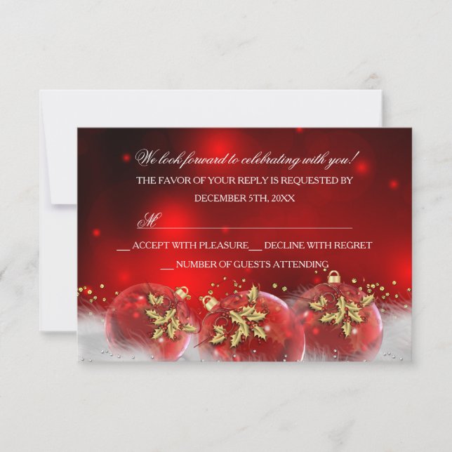 Red Gold Holly Baubles Christmas Party RSVP (Front)