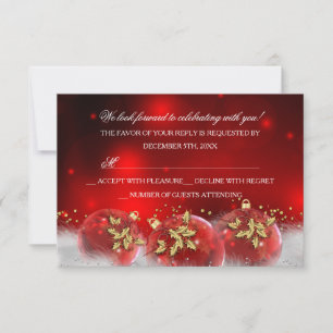 Red Gold Holly Baubles Christmas Party RSVP Card