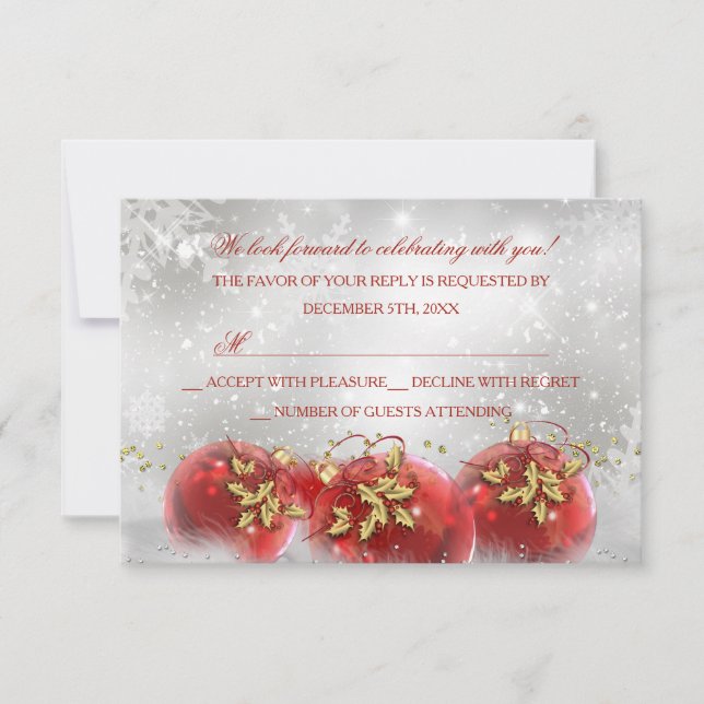 Red & Gold Holly Baubles Christmas Party RSVP Card (Front)