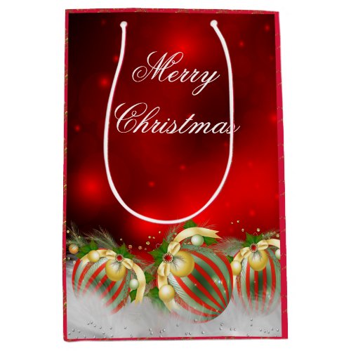 Red  Gold Holly Baubles Merry Christmas 2 Medium Gift Bag