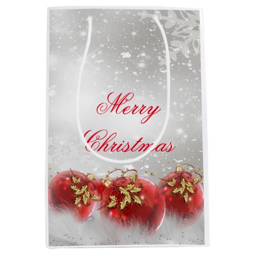 Red  Gold Holly Baubles Silver Merry Christmas Medium Gift Bag