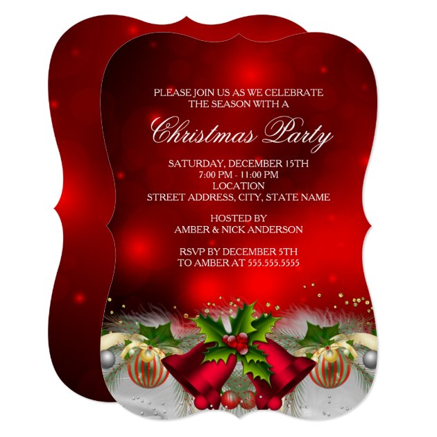 Red & Gold Holly Bells Christmas Party Invite
