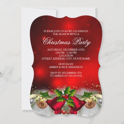 Red  Gold Holly Bells Christmas Party Invite