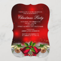 Red & Gold Holly Bells Christmas Party Invite