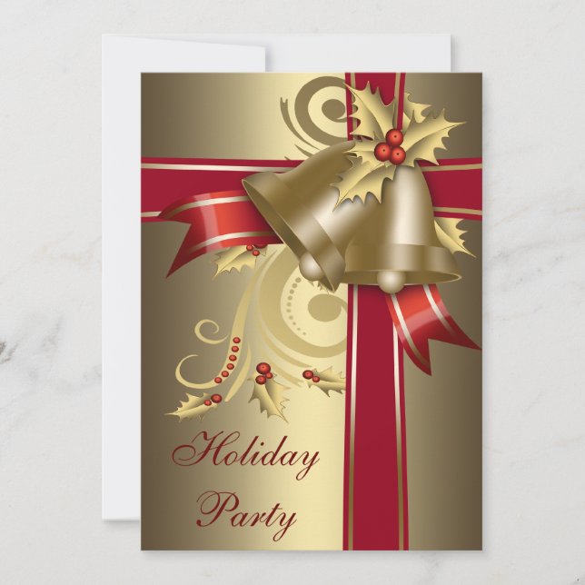 Red & Gold Holly Bells Holiday Party Invitations (Front)