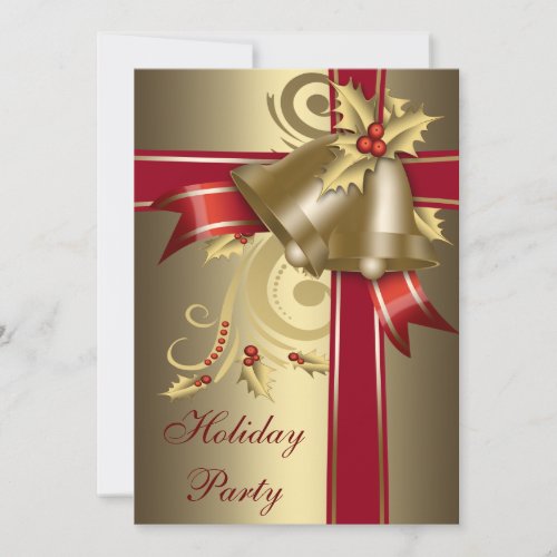 Red  Gold Holly Bells Holiday Party Invitations