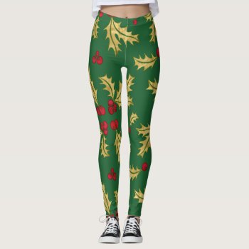 Red & Gold Holly Berries & Leaves In Watercolor Leggings by teeloft at Zazzle