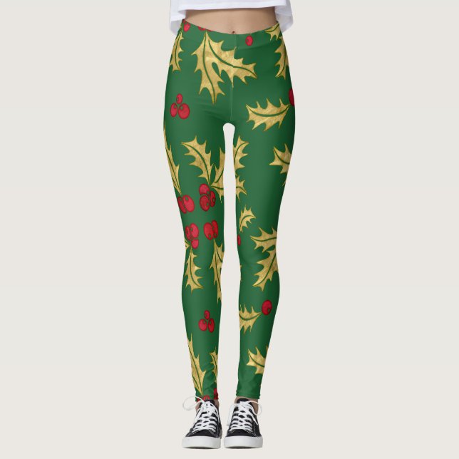 Red & Gold Holly Berries & Leaves in Watercolor Leggings (Front)