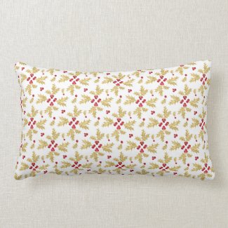 Red & Gold Holly Berries & Leaves in Watercolor Lumbar Pillow