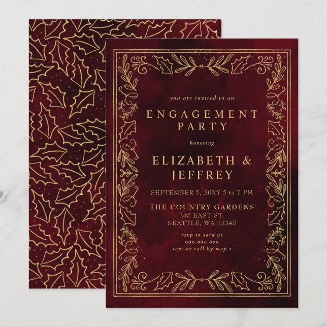 Red Gold Holly Christmas Engagement Party  Invitation (Front/Back)