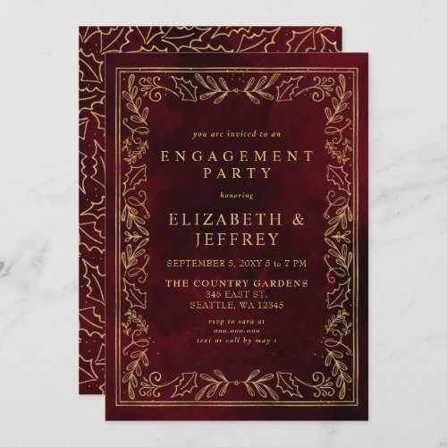 Red Gold Holly Christmas Engagement Party  Invitation