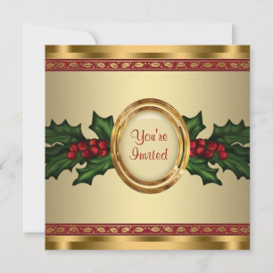 Red Gold Holly Corporate Christmas Party Invitation