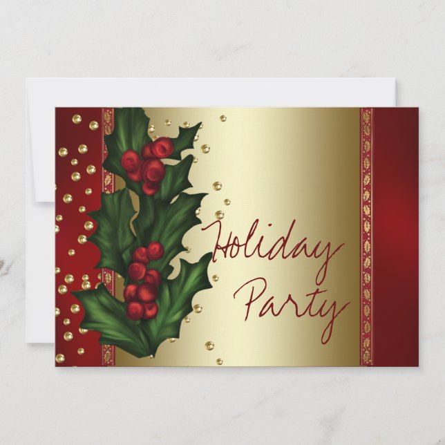 Red Gold Holly Corporate Christmas Party Invitation (Front)