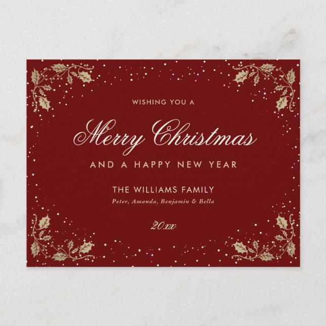 Red Gold Holly Snow Holiday Postcard (Front)