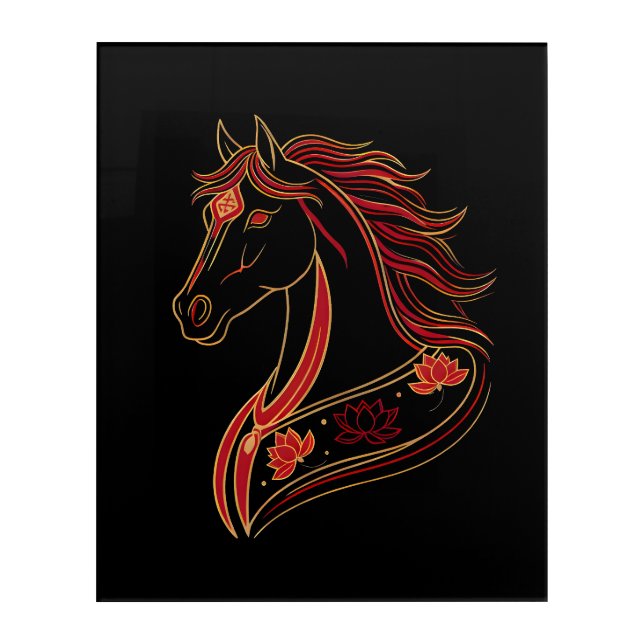 Red & Gold Horse with Lotus, Spiritual Symbolic  Acrylic Print (Front)