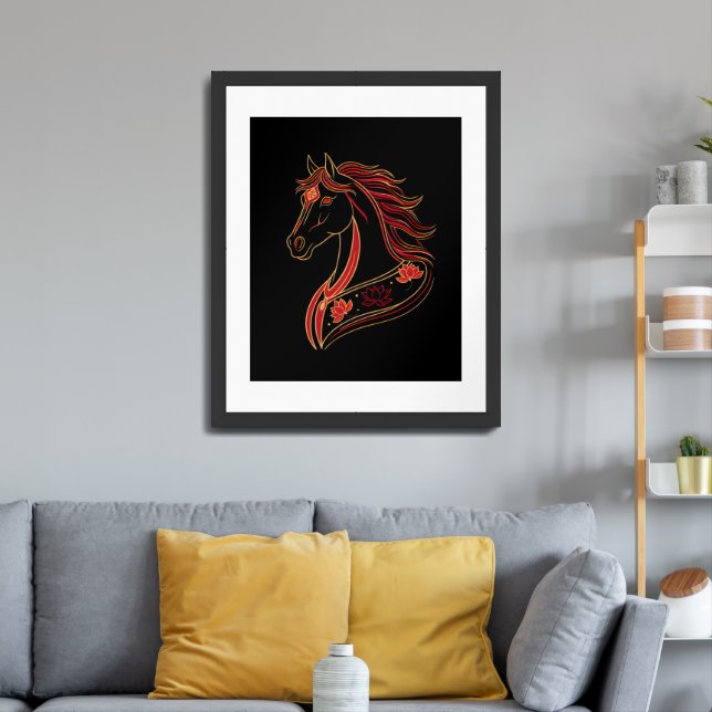 Red & Gold Horse with Lotus, Spiritual Symbolic  Framed Art (Living Room 3)
