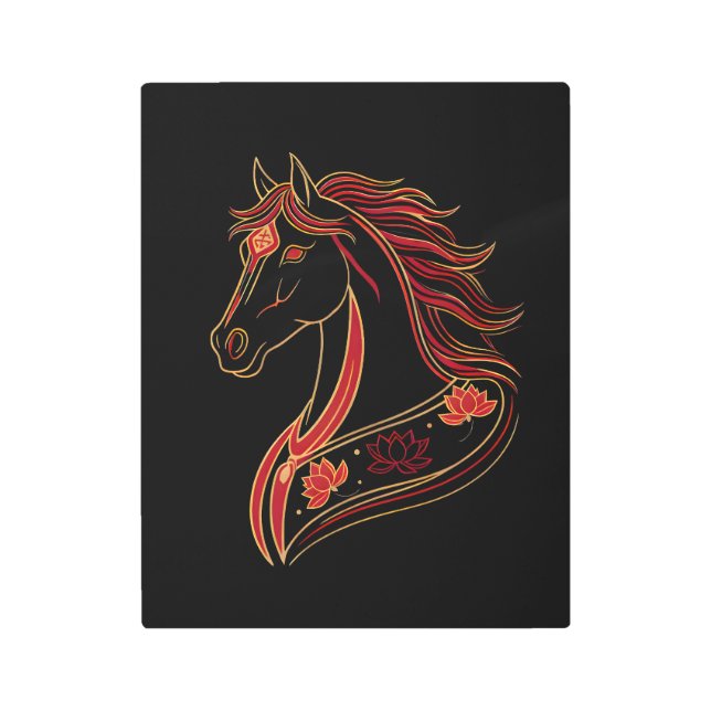 Red & Gold Horse with Lotus, Spiritual Symbolic  Metal Print (Front)