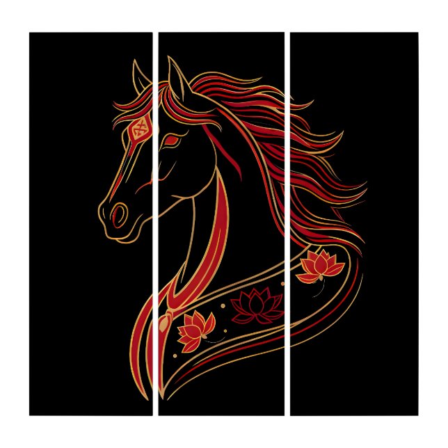 Red & Gold Horse with Lotus, Spiritual Symbolic  Triptych (Front)