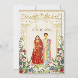 Red & Gold Indian couple Illustration Save The Date