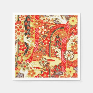 Red Gold Japanese Kimono Floral Decoupage Paper Napkins